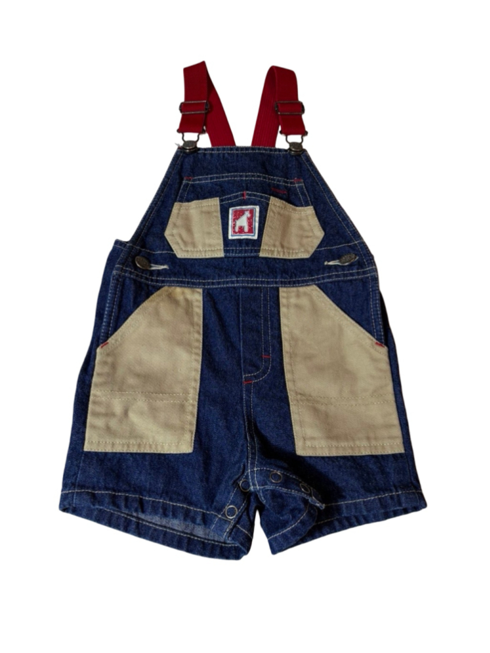 Liberty Baby Denim Shortalls 24M Red Straps Tan Pockets Colorblock Overalls